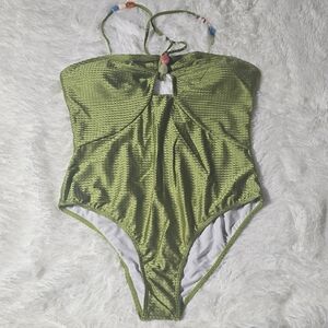 Green One Piece Swimsuit with Halter Neck and Keyhole Detail